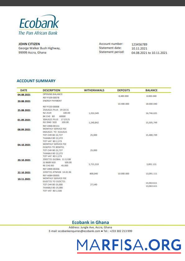 Downloadable Ghana Ecobank bank statement word template